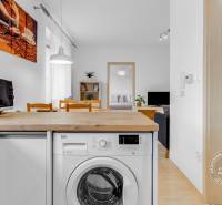 Slnečný 2i byt, pivnica, internet v cene, Nivy, Niťová ul. - Kuchyňa s podlahou s dreveným dekorom, pračkou a jedálenským stolom v 2-izbovom byte.