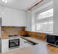 Slnečný 2i byt, pivnica, internet v cene, Nivy, Niťová ul. - Kuchyňa s bielymi skrinkami a podlahou s dreveným dekorom v 2-izbovom byte.