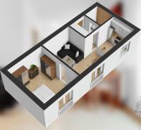 Slnečný 2i byt, pivnica, internet v cene, Nivy, Niťová ul. - Pôdorys 2-izbového bytu s podlahou s dreveným dekorom a zariadením.