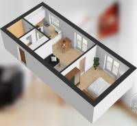 Slnečný 2i byt, pivnica, internet v cene, Nivy, Niťová ul. - Pôdorys 2-izbového bytu s kuchyňou, jedálňou a podlahou s dreveným dekorom.