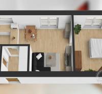 Slnečný 2i byt, pivnica, internet v cene, Nivy, Niťová ul. - Vizualizácia 2-izbového bytu s podlahou s dreveným dekorom. Kuchyňa, obývacia izba, spálňa.