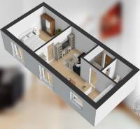 Slnečný 2i byt, pivnica, internet v cene, Nivy, Niťová ul. - 3D pôdorys 2-izbového bytu so zariadením, podlaha s dreveným dekorom, priestranné izby.