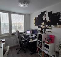 3 IZBOVÝ BYT, HUMENSKÁ, KOŠICE-ZÁPAD - Pracovňa v 3-izbovom byte so stolom, regálom, obrazom a podlahou s dreveným dekorom.