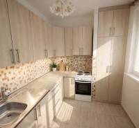 Rezervovaný/ Na predaj 2-izb. byt s loggiou, Senica, Paláriková ul. - Kuchyňa v 2-izbovom byte s dreveným dekorom a oknom, jasný priestor.