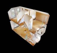 3D, Predaj novostavba, celoročne obývateľná chata, Stupava, Ovocinár - 3D model interiéru chaty s rozlohou podláh a drevenými detailmi.