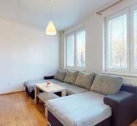 3-izbový byt s extrémne nízkymi nákladmi v Michalovciach - Obývacia izba 3-izbového bytu s pohovkou a podlahou s dreveným dekorom.