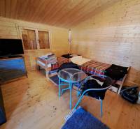 Predáme záhradu so zrubovou chatou, Nitra - Dolné Krškany - Izba so stenami z dreva, posteľami, televízorom a podlahou s dreveným dekorom.
