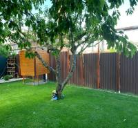 Predáme záhradu so zrubovou chatou, Nitra - Dolné Krškany - Záhrady v Dolných Krškanoch, Nitra, s trávnikom, stromom, malým dreveným domčekom a plotom.