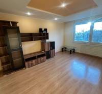 Predaj 3 izb. bytu s balkónom v NZ - Obývacia izba s podlahou s dreveným dekorom a nábytkom v 3-izbovom byte.