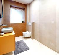 Novozariadený rodinný dom s veľkými spálňami i šatníkom pri Trenčíne   - Kúpeľňa rodinného domu s umývadlom, zrkadlom a závesným záchodom v jemných tónoch.