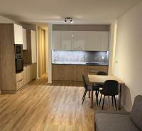 - PRENÁJOM 2-IZ. BYTU S PARKOVACÍM MIESTOM – MILOSLAVOV - Kuchyňa v 2-izbovom byte s podlahou s dreveným dekorom a jedálenským stolom.