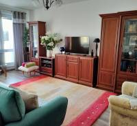 2 izbový byt na Severe - Obývacia izba v 2-izbovom byte s podlahou s dreveným dekorom a pohodlným nábytkom.