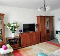 2 izbový byt na Severe - Obývacia izba v 2-izbovom byte s dreveným dekorom a svetlým interiérom.