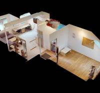 Na prenájom zariadené kancelárie v centre mesta Holíč - 3D zobrazenie kancelárie s podlahou s dreveným dekorom a zariadením.