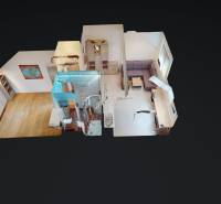 Na prenájom zariadené kancelárie v centre mesta Holíč - Digitálny 3D model interiéru kancelárie s podlahou s dreveným dekorom a nábytkom.