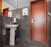 Prenájom kancelárií s TERASOU a výborným parkovaním, 150 m2, Ružinov - Kancelárske toalety s umývadlom, sivým obkladom a drevenými dverami.