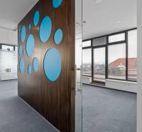 Prenájom kancelárií s TERASOU a výborným parkovaním, 150 m2, Ružinov - Elegantné kancelárie s modrými kruhmi na stene, presklenými priečkami a výhľadom.