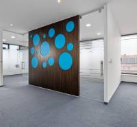 Prenájom kancelárií s TERASOU a výborným parkovaním, 150 m2, Ružinov - Kancelárie s presklenými stenami, modrými kruhmi na stene a kobercom.