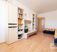 Nové v ponuke | 3-izbový byt 91 m² | 2× balkón | parkovanie | RUSTICA  - Izba s podlahou s dreveným dekorom obsahuje nábytok, regály, dvojlôžko a pestrofarebnú prikrývku.