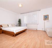 Nové v ponuke | 3-izbový byt 91 m² | 2× balkón | parkovanie | RUSTICA  - Spálňa s posteľou, gaučom a podlahou s dreveným dekorom v 3-izbovom byte.