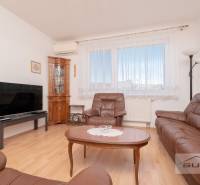 Nové v ponuke | 3-izbový byt 91 m² | 2× balkón | parkovanie | RUSTICA  - Obývacia izba v 3-izbovom byte s koženým nábytkom a podlahou s dreveným dekorom.