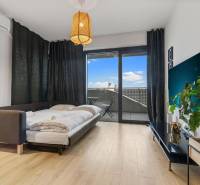 - PREDAJ - APARTMÁN - 38 m2 + 14 m2 LOGGIA - TEHELNÉ POLE - Obývacia časť v 1-izbovom byte s posteľou, podlahou s dreveným dekorom a balkónom.