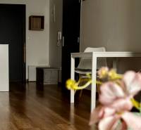 Vkusne zariadený 2i byt na sídlisku WEST,  Galanta - Interiér 2-izbového bytu s podlahou s dreveným dekorom, stolom a kvety v popredí.