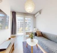 BA/PETRŽALKA-Prenájom 1i bytu s klimatizáciou a balkónom - Slnečnice - Obývacia izba v 1-izbovom byte s pohovkou, televízorom a výhľadom cez veľké okno.