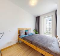 BA/PETRŽALKA-Prenájom 1i bytu s klimatizáciou a balkónom - Slnečnice - Posteľ s dreveným rámom, šedé závesy a izbová rastlina v 1-izbovom byte.