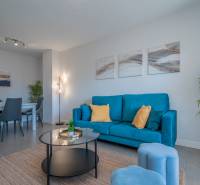 Luxusný byt  Alicante, 112m2, bazén, 2 garáže, posilňovňa - Obývacia izba v 2-izbovom byte s modrou pohovkou a jedálenským stolom.