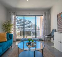 Luxusný byt  Alicante, 112m2, bazén, 2 garáže, posilňovňa - Obývacia izba v 2-izbovom byte s terasou, modrým gaučom a rastlinou.