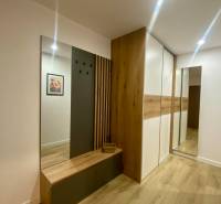 PRENÁJOM luxusný 2 izbový byt v centre mesta Nitra, parkovanie - Interiér 2-izbového bytu s podlahou s dreveným dekorom, vešiakovou stenou a zrkadlom.