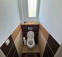 Zabehnutá novostavba: Komfort domu, pokoj vidieka a na skok do BB a ZV - Toaleta v Rodinnom dome s oknom a keramickými obkladačkami, podlaha s dekorom.