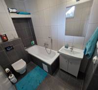 Zabehnutá novostavba: Komfort domu, pokoj vidieka a na skok do BB a ZV - Kúpeľňa v rodinnom dome s vaňou, umývadlom a toaletou, dlažba s tmavým dekorom.