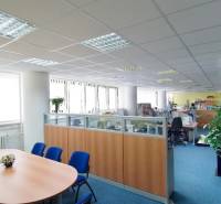 PRENÁJOM kancelárie 27 m2 - Technopol, Kutlíkova ul. - Kancelárie s modrým kobercom, veľkoplošné okná, rozdelené pracovné priestory, konferenčný stôl.