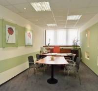 PRENÁJOM kancelárie 27 m2 - Technopol, Kutlíkova ul. - Kancelárie s pracovným stolom, kreslami, umiestnené dekorácie na stenách a okno s vertikálnymi žalúziami.