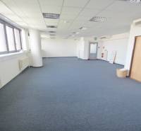 PRENÁJOM kancelárie 27 m2 - Technopol, Kutlíkova ul. - Priestranné kancelárie s modrým kobercom a oknami na Kutlíkovej ulici v Bratislave-Lúky.