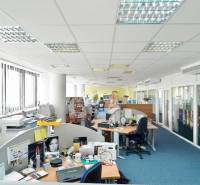 PRENÁJOM kancelárie 27 m2 - Technopol, Kutlíkova ul. - Kancelárie s kobercovou podlahou, veľkými oknami a množstvom pracovných stolov.