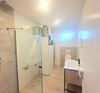 | 4 izbový rodinný dom s krbom a terasov | Slnečná | Ružindol - Kúpeľňa v rodinnom dome s podlahou s dreveným dekorom a sprchovacím kútom.