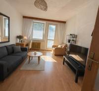 Predaj 3.izbového bytu v Ružinove v obkolesené borovicového lesíka - Obývacia izba v 3-izbovom byte s podlahou s dreveným dekorom a pohodlným nábytkom.