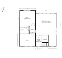 Rodinný dom s veľkou záhradou - Ružinov  - Pôdorys rodinného domu s dvoma izbami, kuchyňou a kúpeľňou, celková plocha 90 m².