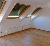 Rodinný dom s veľkou záhradou - Ružinov  - Podkrovie s veľkými oknami a podlahou s dreveným dekorom v rodinnom dome.