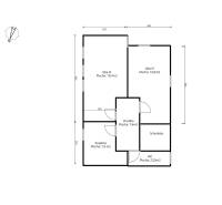 Rodinný dom s veľkou záhradou - Ružinov  - Pôdorys rodinného domu s izbami a schodiskom, celková plocha je 59 m².