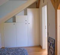 Rodinný dom s veľkou záhradou - Ružinov  - Spálňa v rodinnom dome s podlahou s dreveným dekorom a vstavanými skriňami pod šikmým stropom.