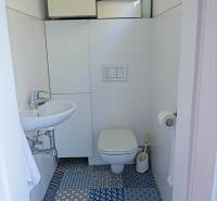 Rodinný dom s veľkou záhradou - Ružinov  - Toaleta s farebnou dlažbou v Rodinnom dome, biely obklad a malé umývadlo.