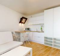 2 byty v 1 už s nájomníkmi | okamžitý príjem 1600 €/mes | 4.87% - Kuchyňa s bielymi skriňami, pohovkou a podlahou s dreveným dekorom v 3-izbovom byte.