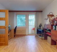 Veľkometrážny 3i byt s výťahom a pivnicou | Ružinov | 82m2 - Obývacia izba s podlahou s dreveným dekorom, nábytkom a pracovným kútikom v 3-izbovom byte.