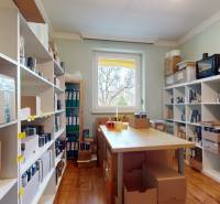 4-izbový samostatne stojaci dom s garážou | Podunajské Biskupice - Úložný priestor v rodinnom dome s policami, kartónovými krabicami a oknom, podlaha s dreveným dekorom.