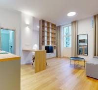 | Butiková 1,5i rezidencia s balkónom | Historická mestská  - Dvojizbový byt s kuchynským kútom, podlahou s dreveným dekorom a sedačkou.