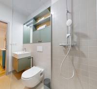 | Butiková 1,5i rezidencia s balkónom | Historická mestská - Kúpeľňa v 2-izbovom byte s WC, umývadlom a sprchou. Podlaha s dreveným dekorom.